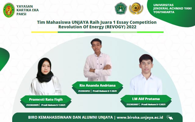 Thumbnail Tim Mahasiswa UNJAYA Raih Juara 1 Essay Competition Revolution Of Energy (REVOGY) 2022